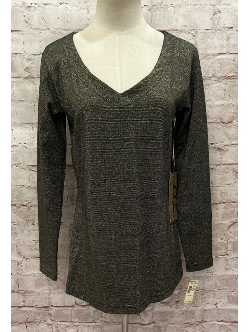 PLATINUM Dorothy Schoelen V- Neck Knit Top Black Gold Stripe Womens Size Small